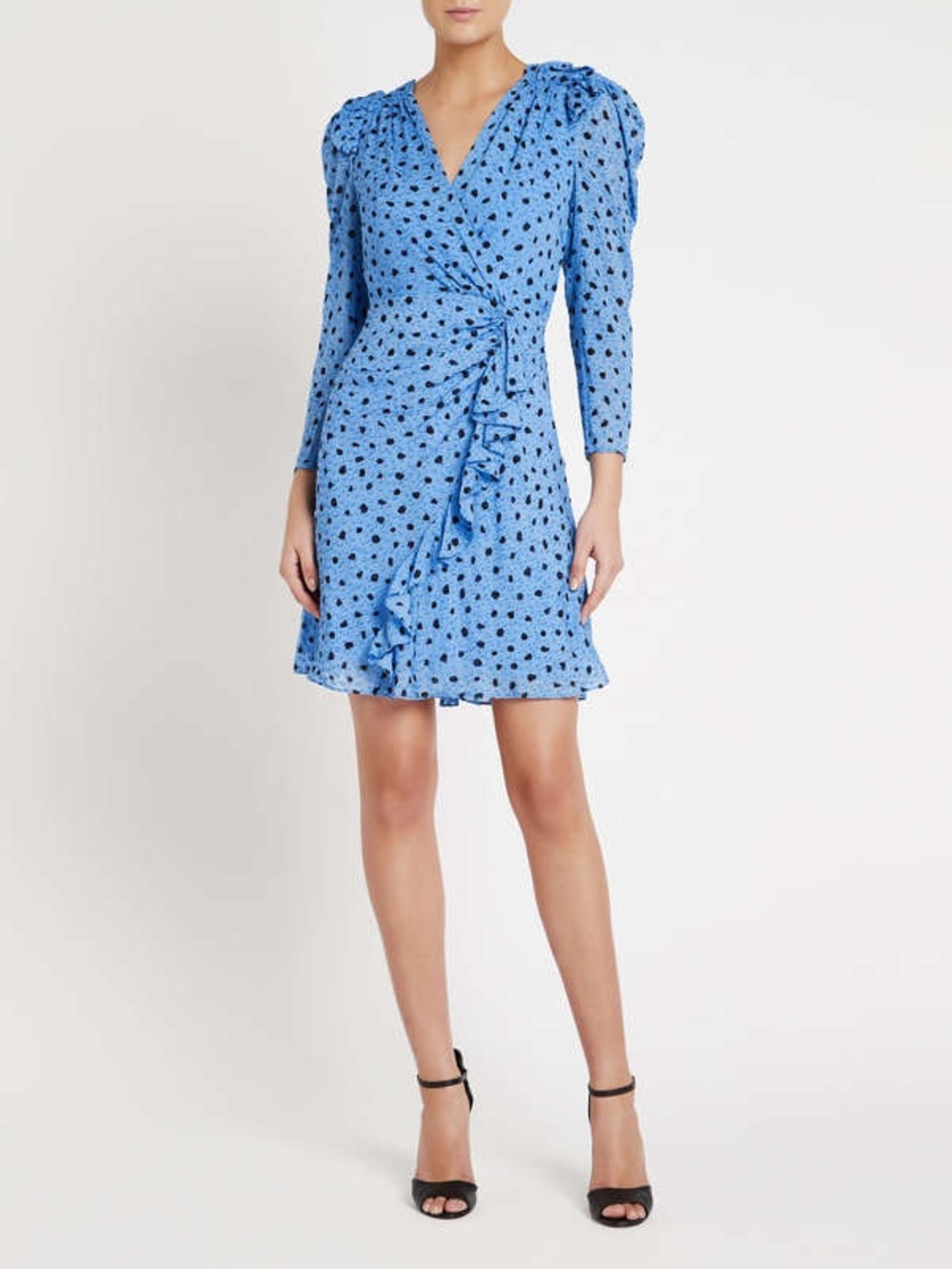 Rebecca Taylor Nova Clip Dot Silk Ruffle Faux Wrap Dress in Blue 12